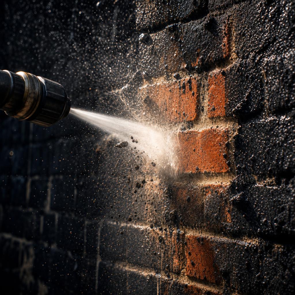 High pressure water blasting brick wall