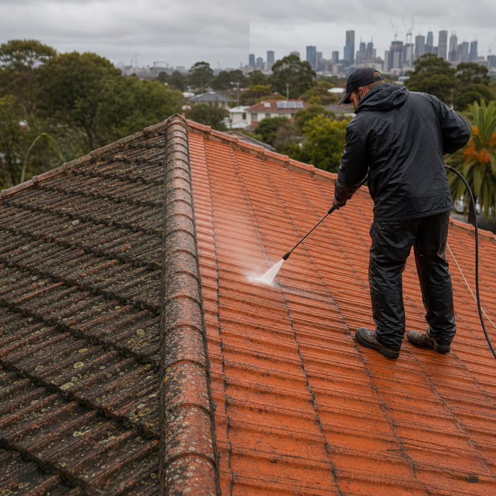 Professional roof cleaning in action